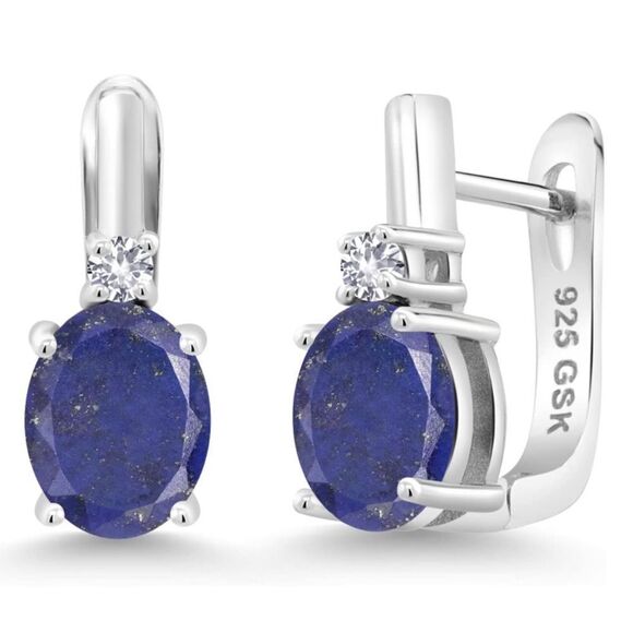 925 Sterling Silver with 4.10 Cttw Lapis Lazuli and White Sapphire Oval Earrings